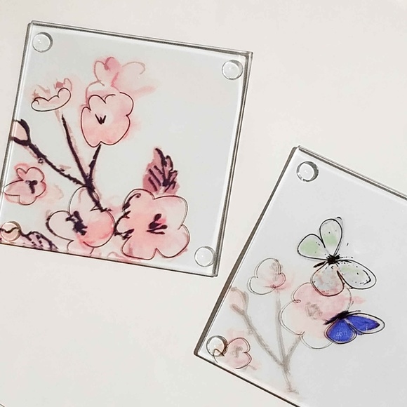 Hand Painted Botanical Butterfly Coaster Set Nwt - Picture 4 of 8